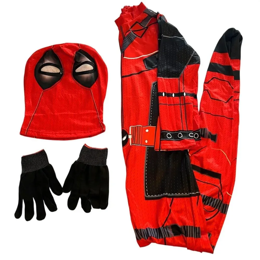 BRAND NEW ~ Deadpool Outfit Bodysuit Face Mask Hood & Gloves ~ Kids 10-11 yrs